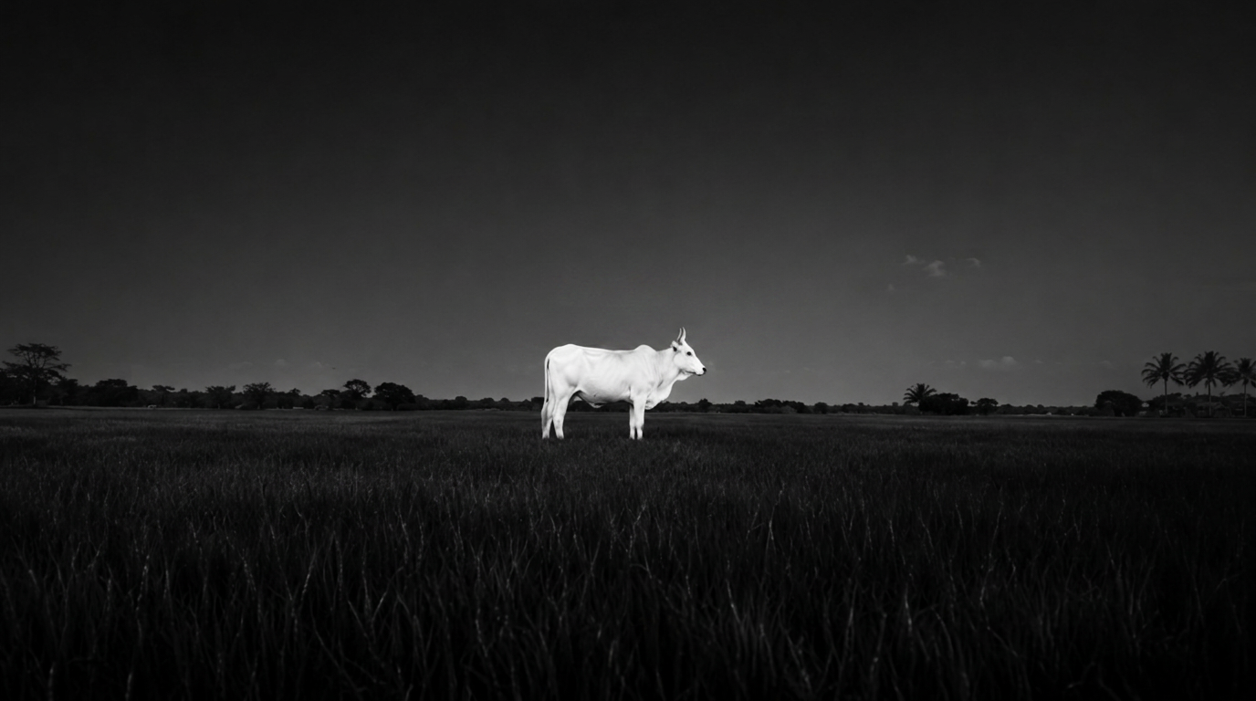 A white cow standing in a dark grassland at dusk in rural Maharashtra