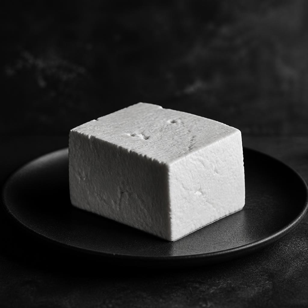 A block of fresh white paneer on a dark ceramic plate