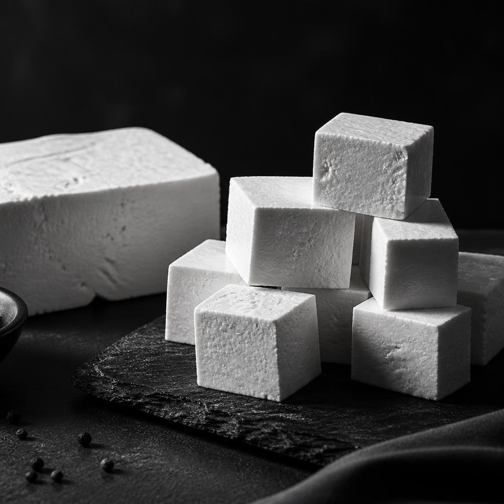 Dense paneer cubes stacked on dark slate beside a full block